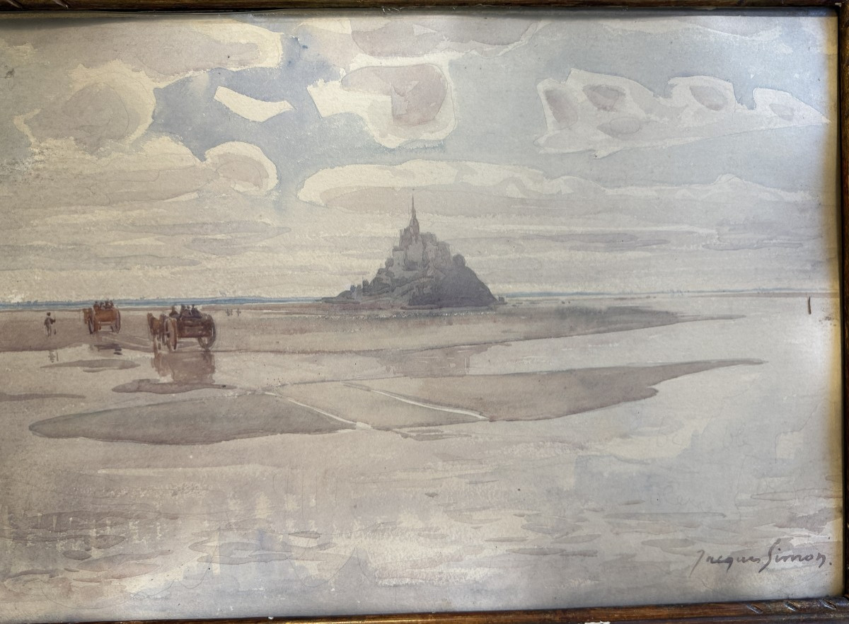 Jacques Simon grande aquarelle charrettes devant le Mont Saint Michel-photo-2