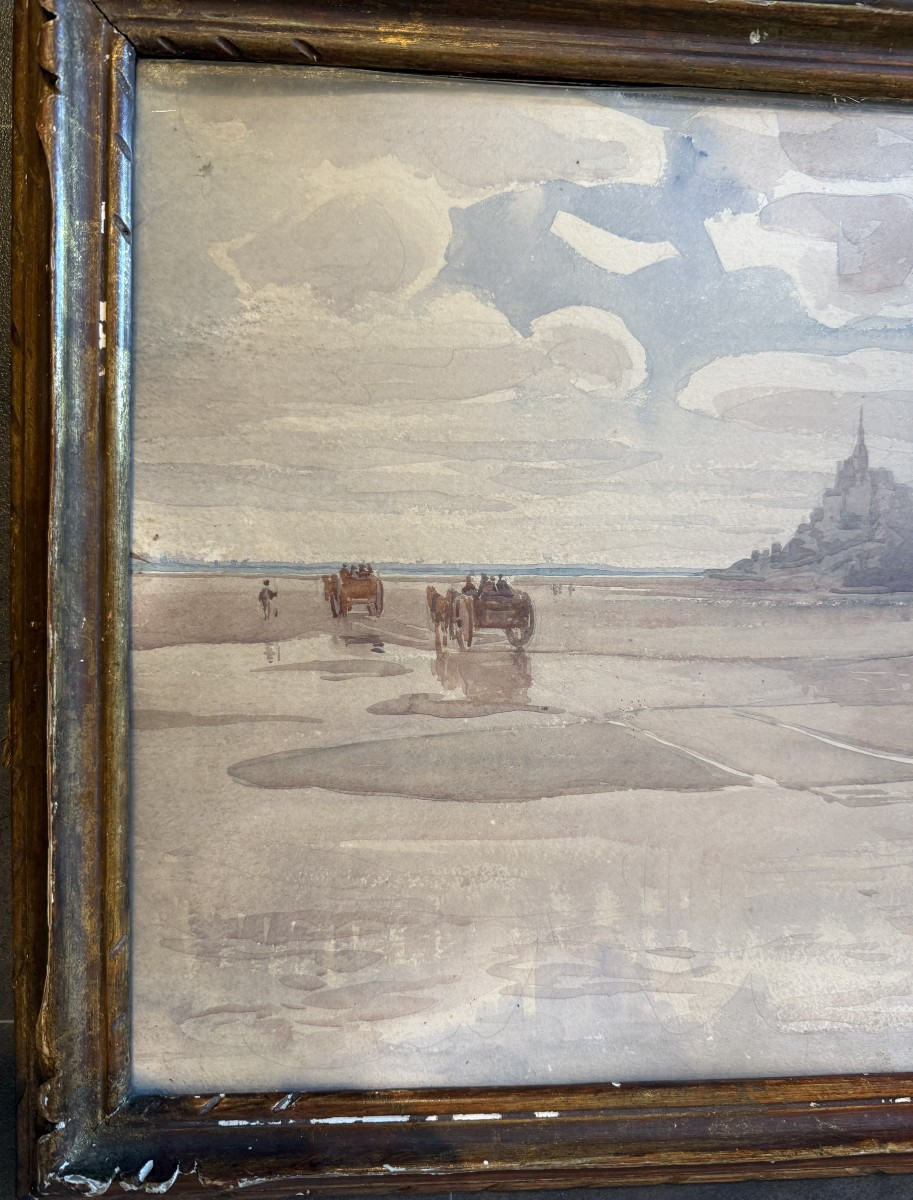 Jacques Simon grande aquarelle charrettes devant le Mont Saint Michel-photo-3