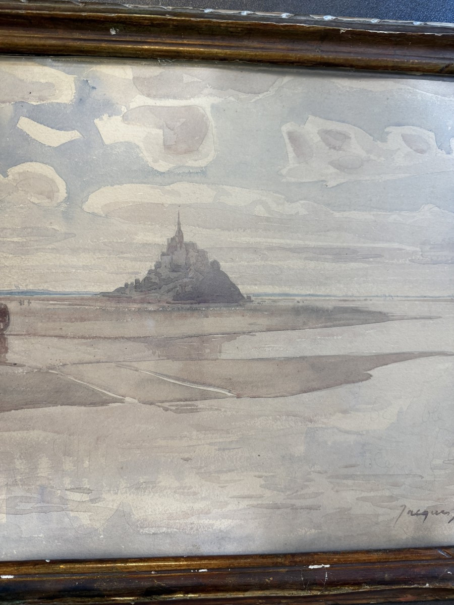 Jacques Simon grande aquarelle charrettes devant le Mont Saint Michel-photo-4