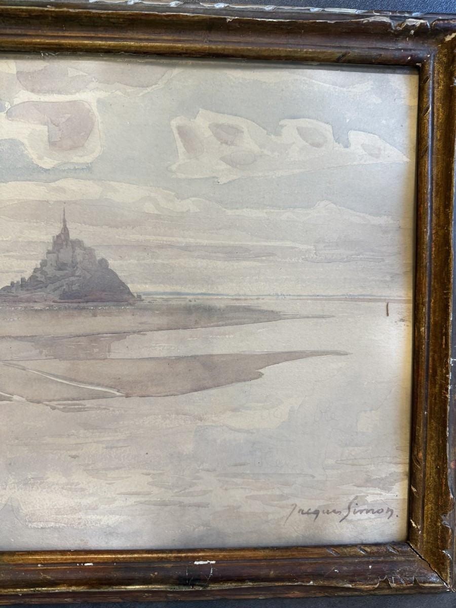 Jacques Simon grande aquarelle charrettes devant le Mont Saint Michel-photo-1