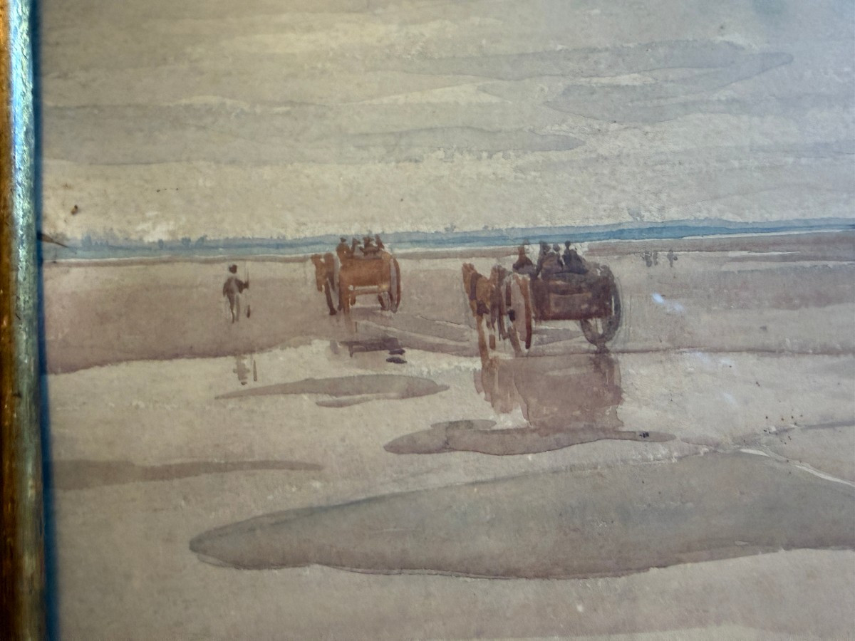 Jacques Simon grande aquarelle charrettes devant le Mont Saint Michel-photo-2