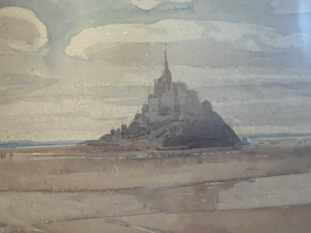 Jacques Simon grande aquarelle charrettes devant le Mont Saint Michel-photo-3