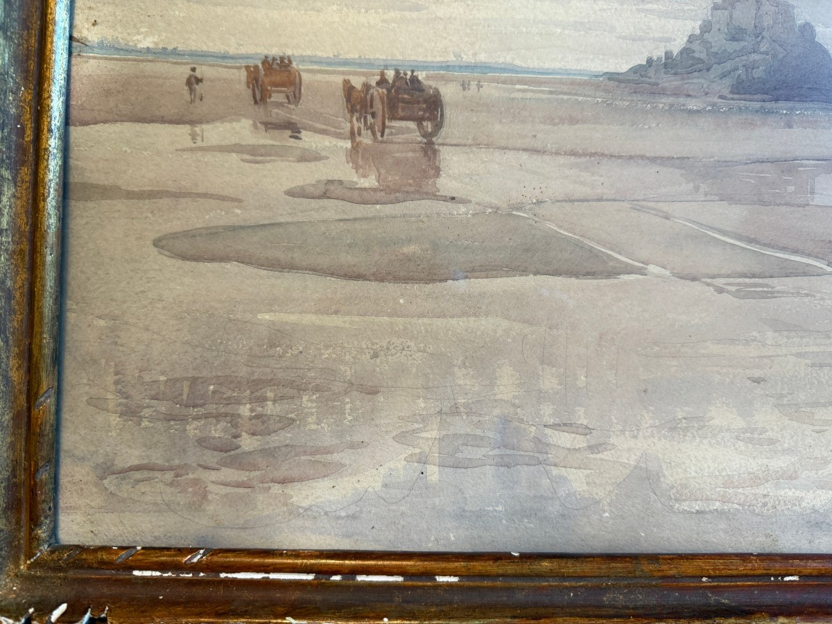 Jacques Simon grande aquarelle charrettes devant le Mont Saint Michel-photo-6