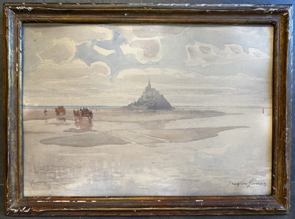 Jacques Simon grande aquarelle charrettes devant le Mont Saint Michel