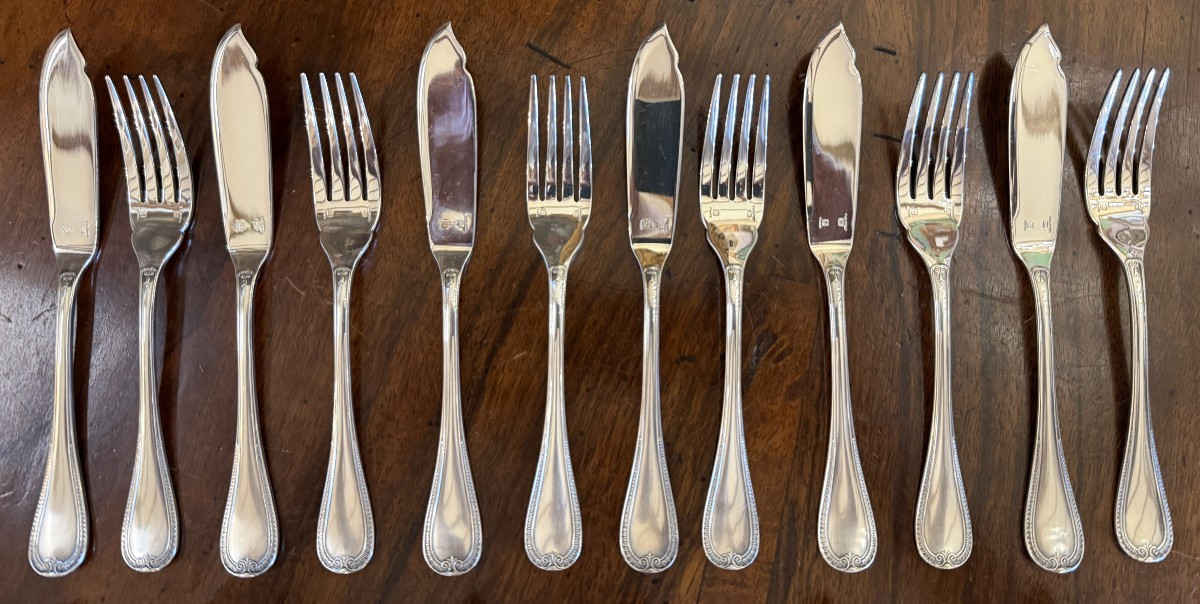 Christofle 12 Fish Cutlery Malmaison Empire Model Very Good Condition 24 Pieces-photo-2