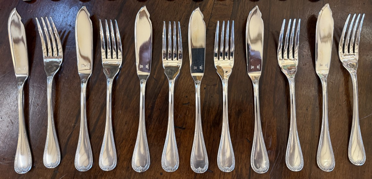 Christofle 12 Fish Cutlery Malmaison Empire Model Very Good Condition 24 Pieces-photo-3