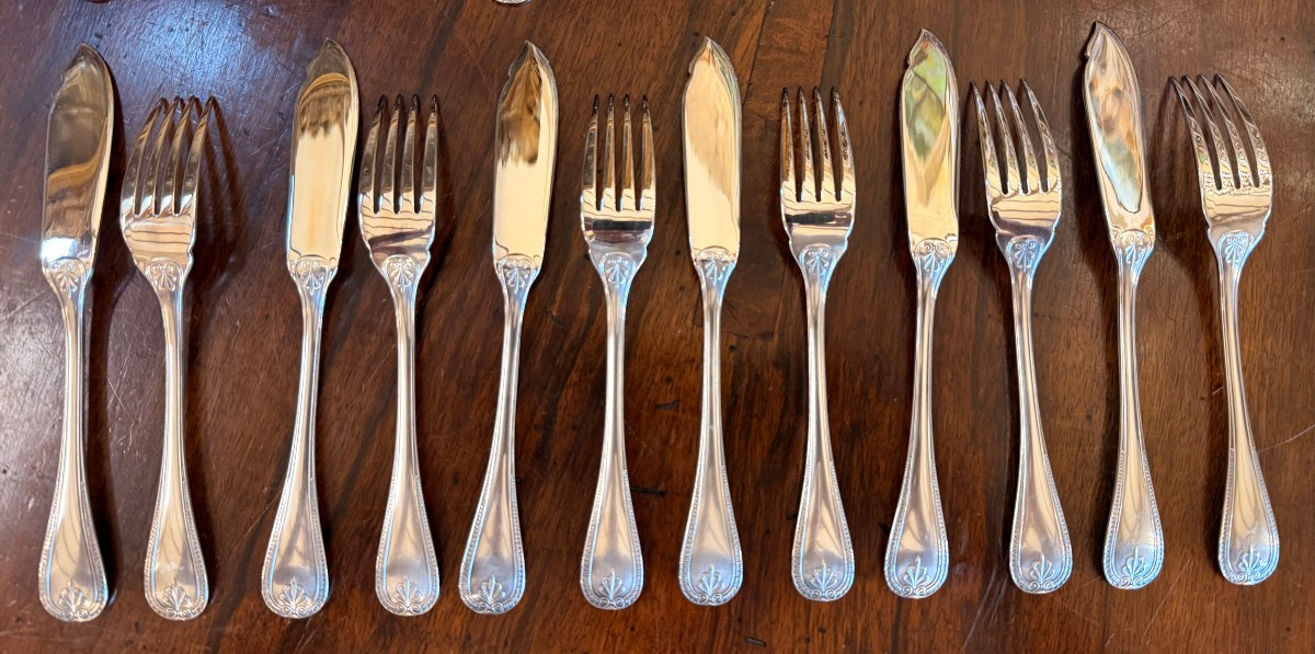 Christofle 12 Fish Cutlery Malmaison Empire Model Very Good Condition 24 Pieces-photo-2