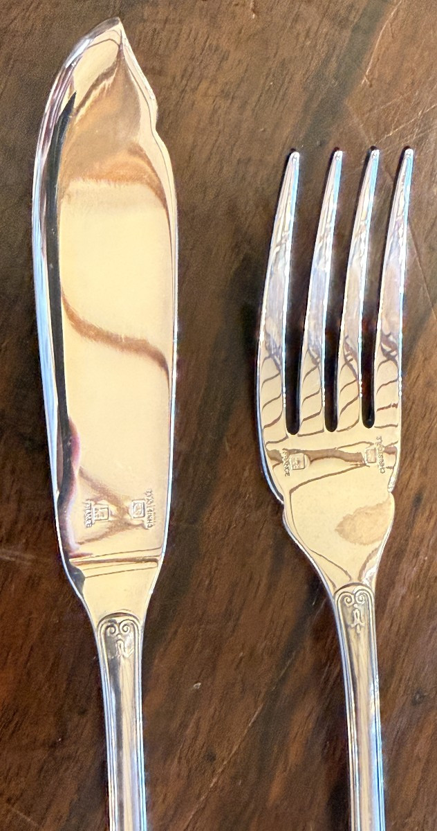 Christofle 12 Fish Cutlery Malmaison Empire Model Very Good Condition 24 Pieces-photo-4