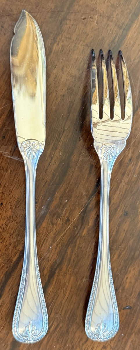 Christofle 12 Fish Cutlery Malmaison Empire Model Very Good Condition 24 Pieces-photo-6