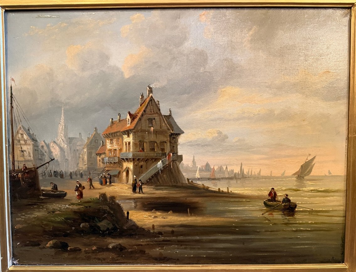 Large Painting From The Norman School, Landscape Of A Busy Coastal Town, Early 19th Century.-photo-2