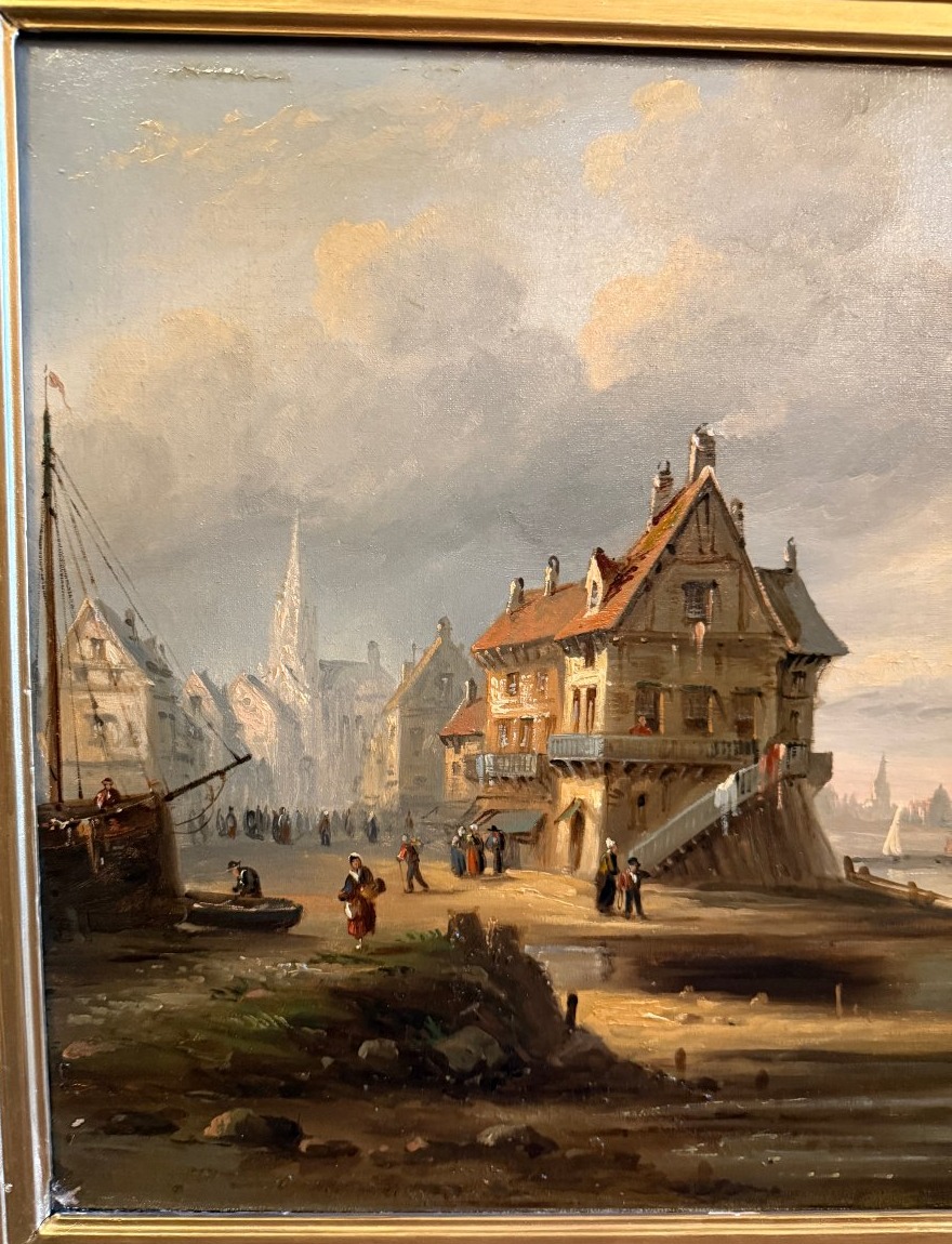 Large Painting From The Norman School, Landscape Of A Busy Coastal Town, Early 19th Century.-photo-3