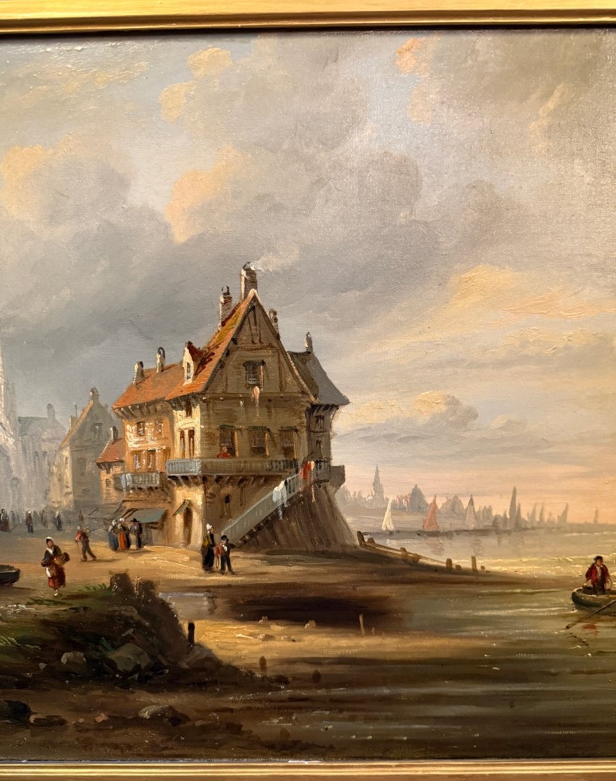 Large Painting From The Norman School, Landscape Of A Busy Coastal Town, Early 19th Century.-photo-4