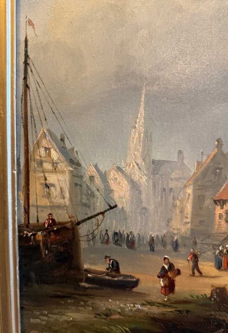 Large Painting From The Norman School, Landscape Of A Busy Coastal Town, Early 19th Century.-photo-2