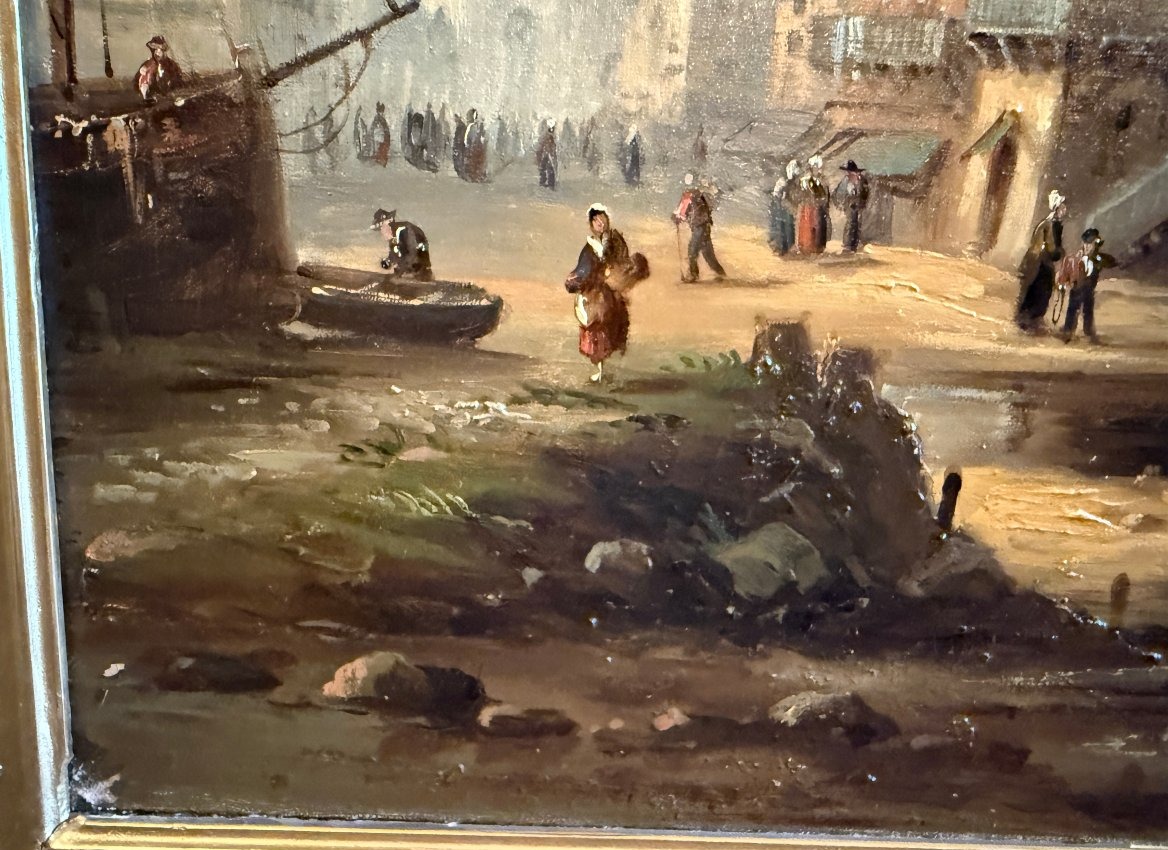 Large Painting From The Norman School, Landscape Of A Busy Coastal Town, Early 19th Century.-photo-5