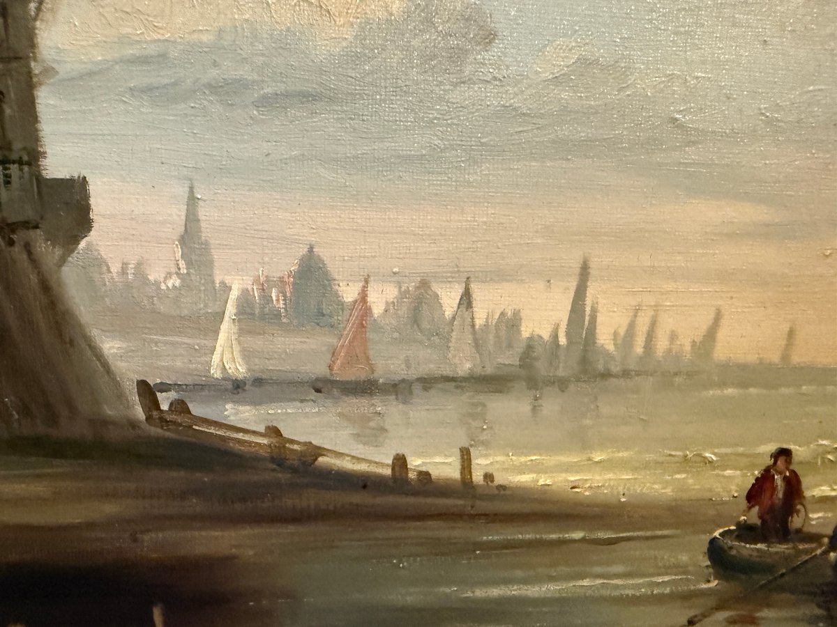 Large Painting From The Norman School, Landscape Of A Busy Coastal Town, Early 19th Century.-photo-6