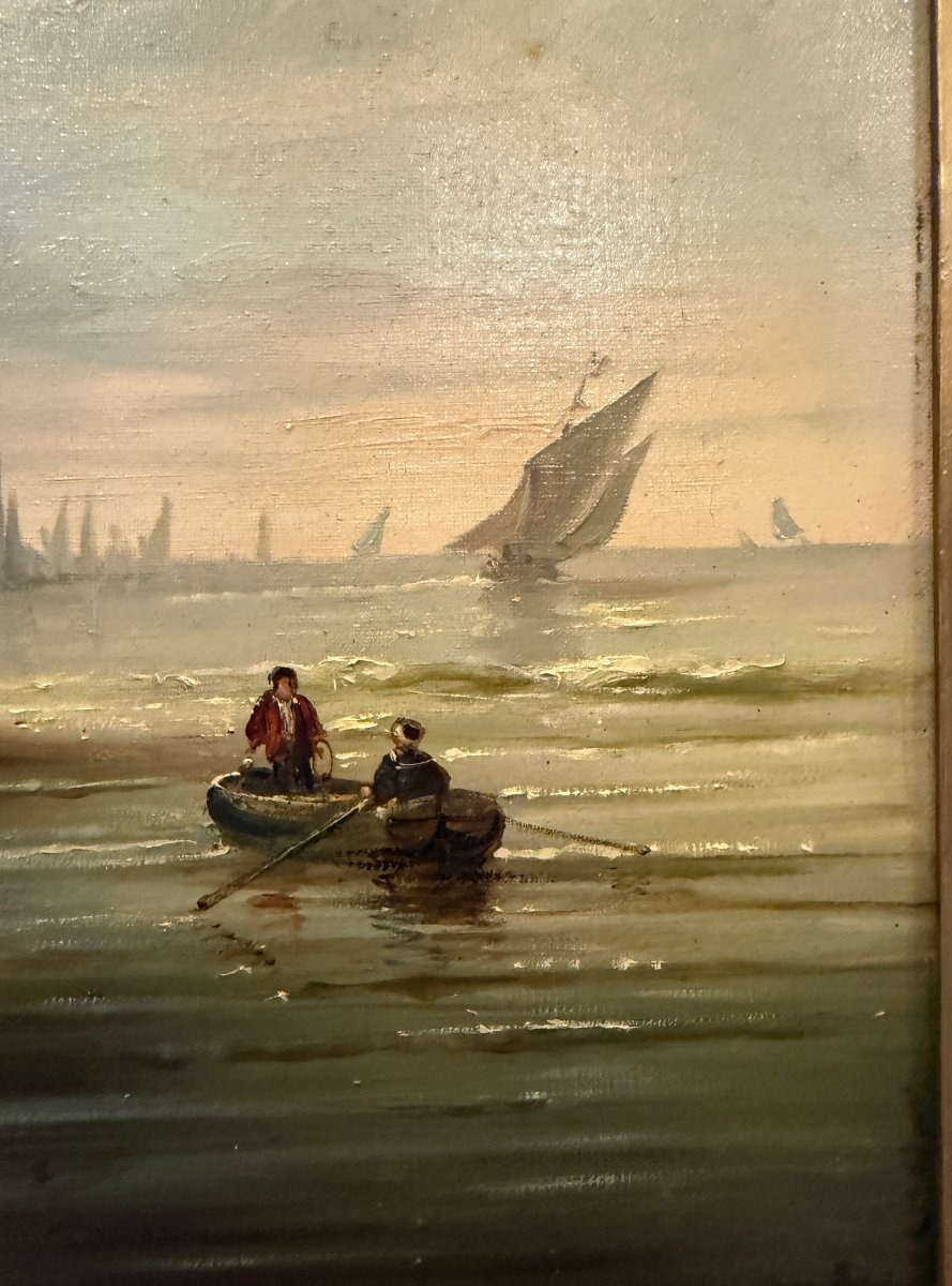 Large Painting From The Norman School, Landscape Of A Busy Coastal Town, Early 19th Century.-photo-7