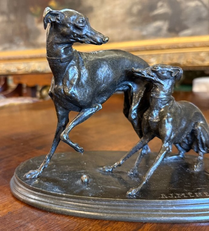  P.j.mêne Bronze Sculpture Of Greyhounds Jiji And Giselle à La Balle 19th Century-photo-2
