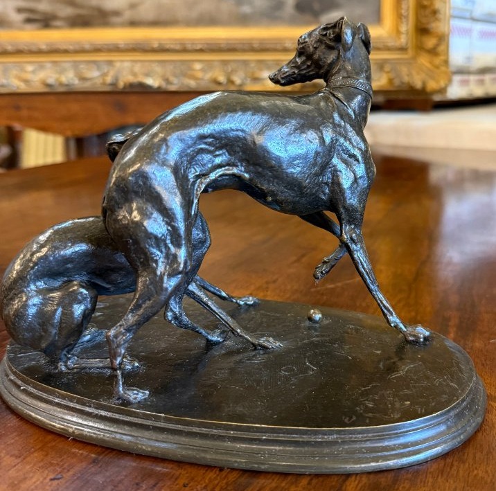 P.j.mêne Bronze Sculpture Of Greyhounds Jiji And Giselle à La Balle 19th Century-photo-3