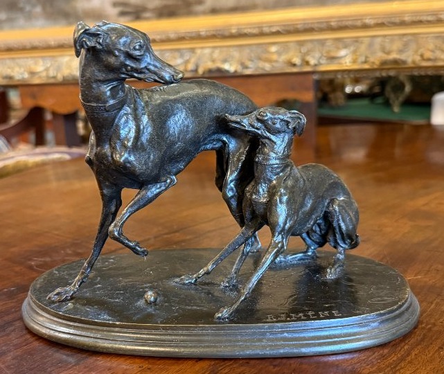  P.j.mêne Bronze Sculpture Of Greyhounds Jiji And Giselle à La Balle 19th Century
