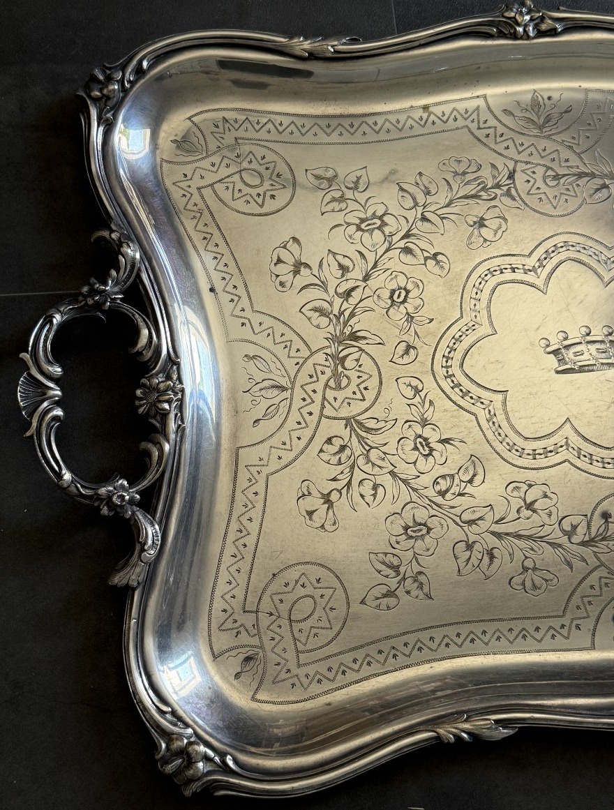 Large Serving Platter Decorated With A Count’s Crown, Silver-plated, Late 19th Century-photo-2