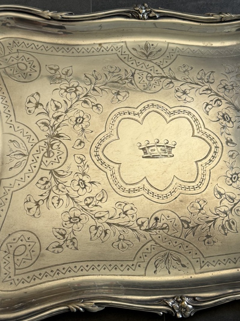 Large Serving Platter Decorated With A Count’s Crown, Silver-plated, Late 19th Century-photo-3