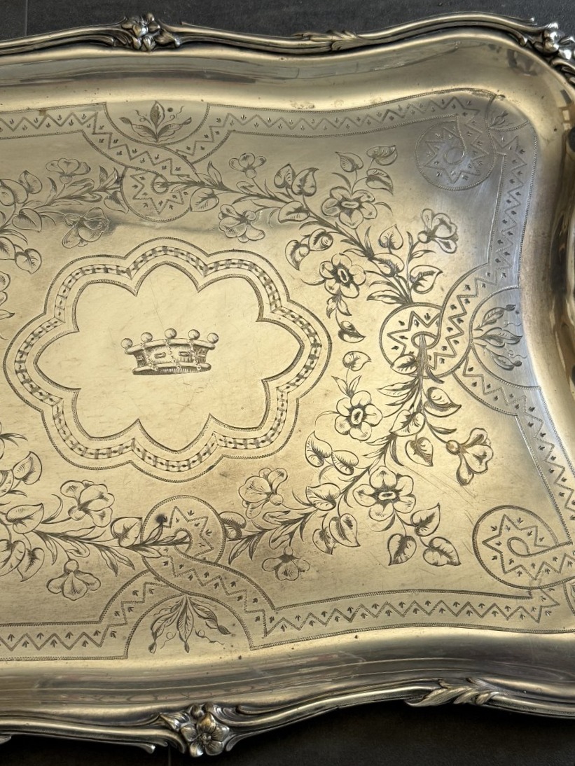 Large Serving Platter Decorated With A Count’s Crown, Silver-plated, Late 19th Century-photo-4