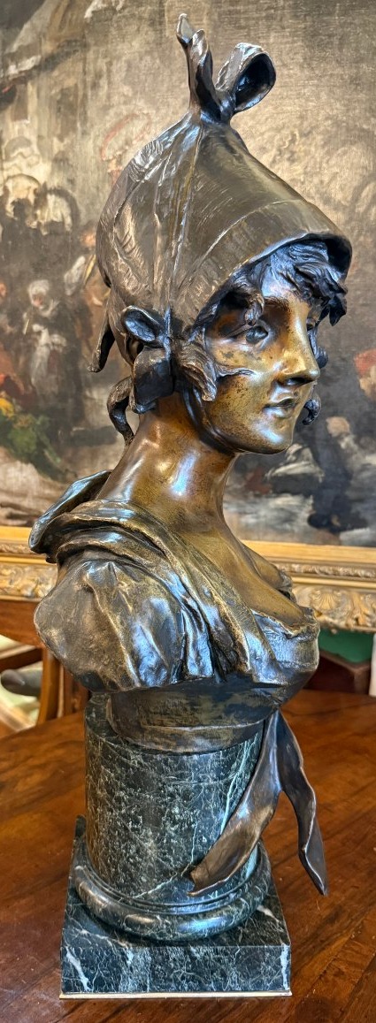 Importante sculpture bronze buste de femme élégante au chapeau fin XIXème par Van Der Straenten-photo-2
