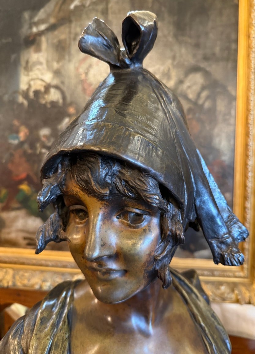Importante sculpture bronze buste de femme élégante au chapeau fin XIXème par Van Der Straenten-photo-3