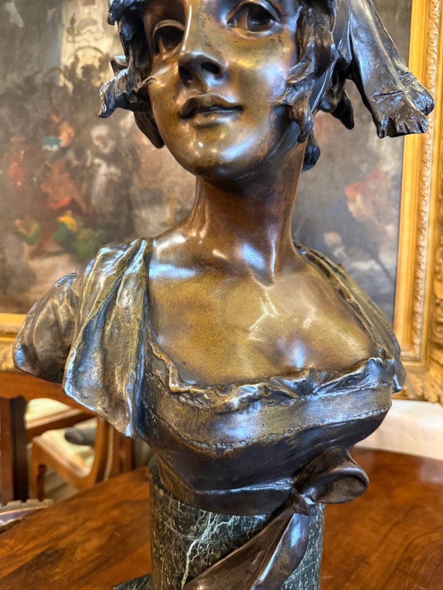 Importante sculpture bronze buste de femme élégante au chapeau fin XIXème par Van Der Straenten-photo-4