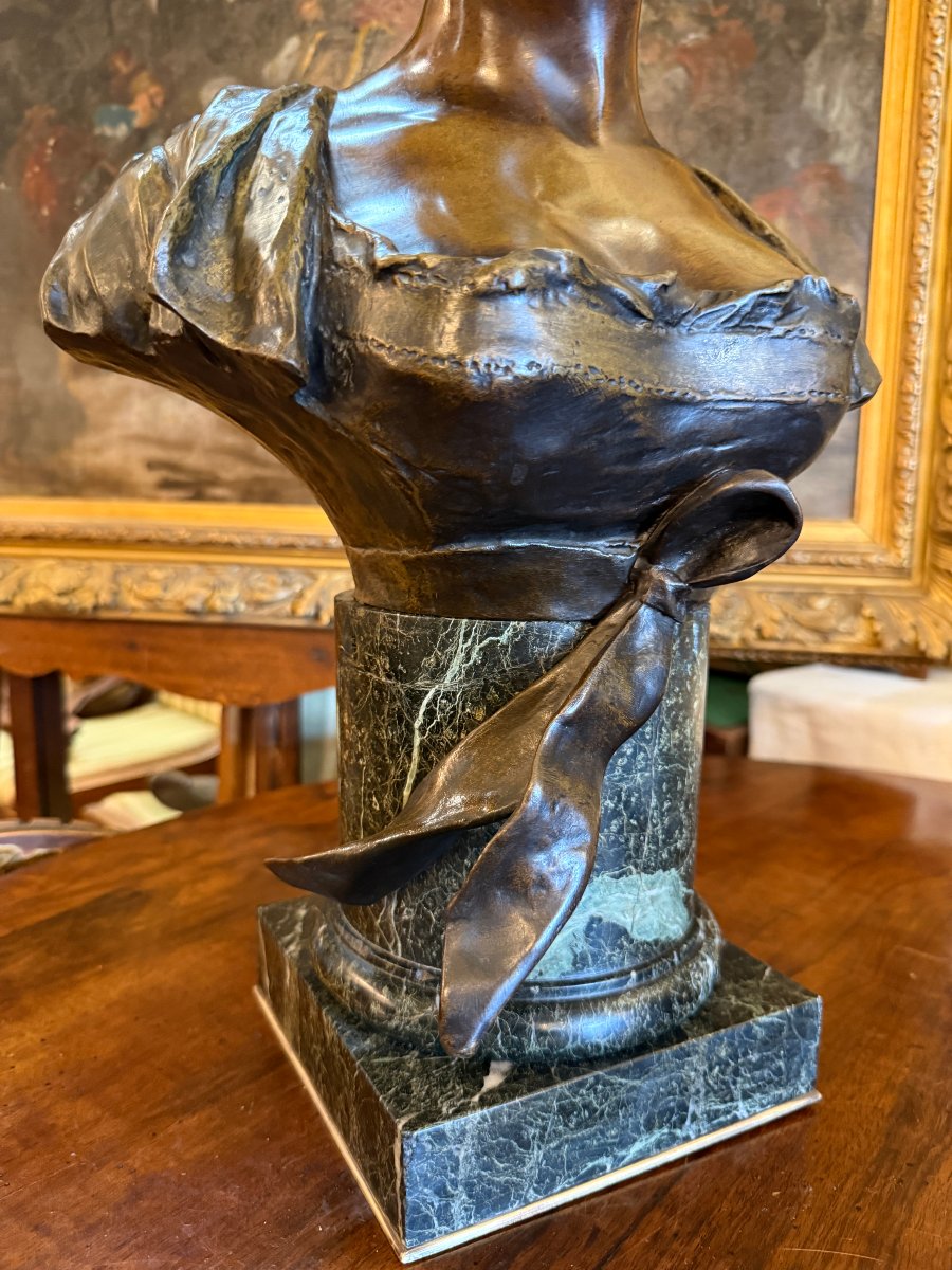 Importante sculpture bronze buste de femme élégante au chapeau fin XIXème par Van Der Straenten-photo-1