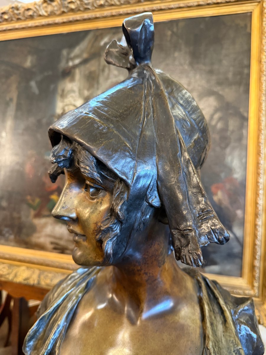 Importante sculpture bronze buste de femme élégante au chapeau fin XIXème par Van Der Straenten-photo-2