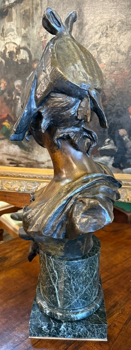 Importante sculpture bronze buste de femme élégante au chapeau fin XIXème par Van Der Straenten-photo-4