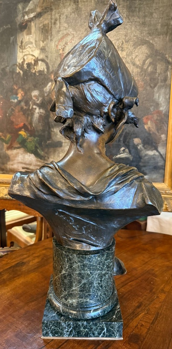Importante sculpture bronze buste de femme élégante au chapeau fin XIXème par Van Der Straenten-photo-5
