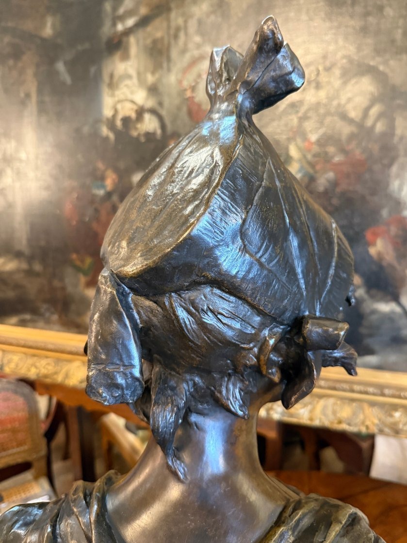 Importante sculpture bronze buste de femme élégante au chapeau fin XIXème par Van Der Straenten-photo-6