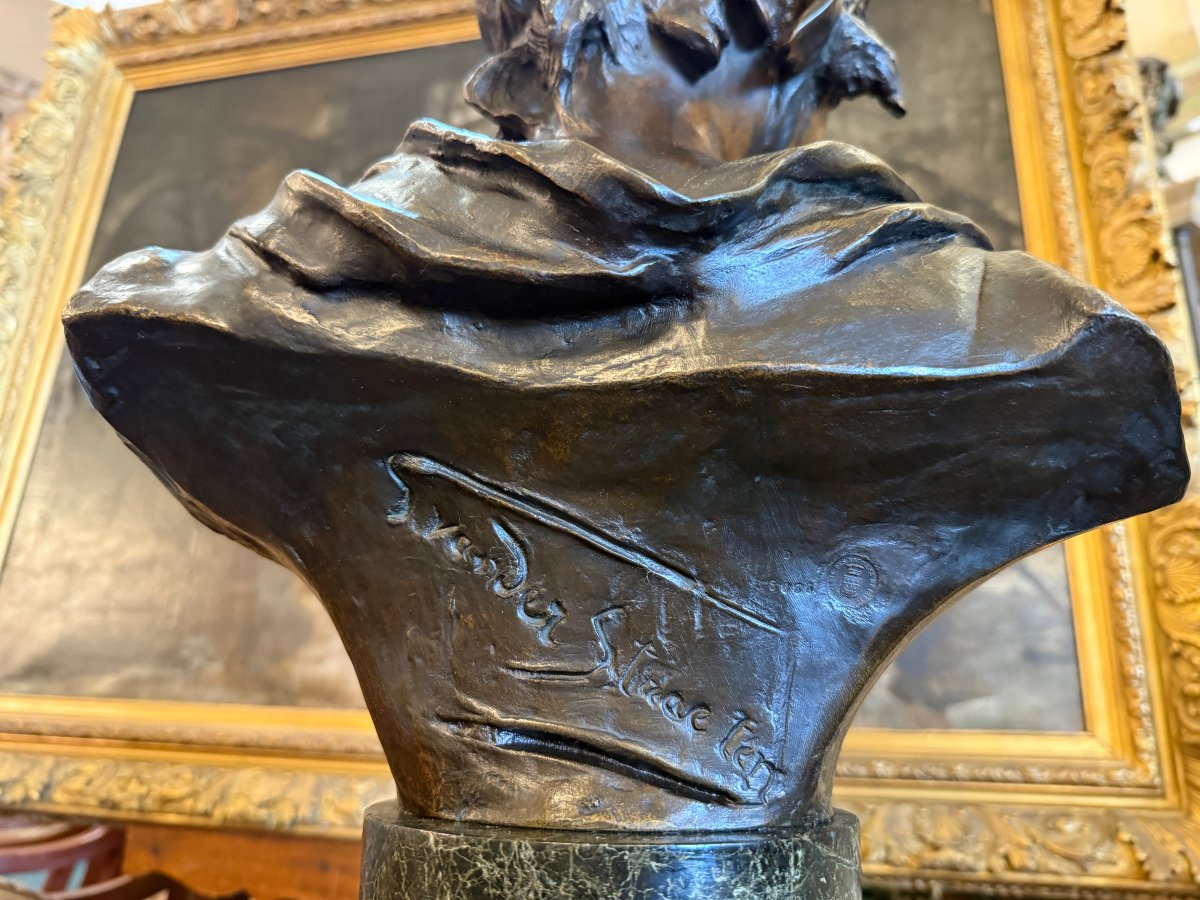 Importante sculpture bronze buste de femme élégante au chapeau fin XIXème par Van Der Straenten-photo-7