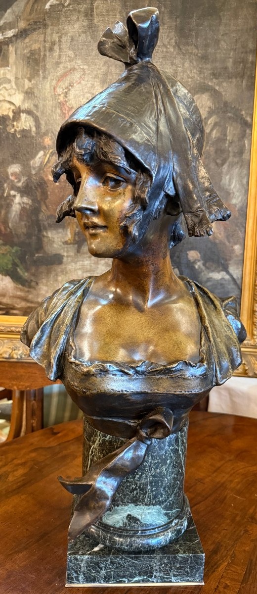 Importante sculpture bronze buste de femme élégante au chapeau fin XIXème par Van Der Straenten