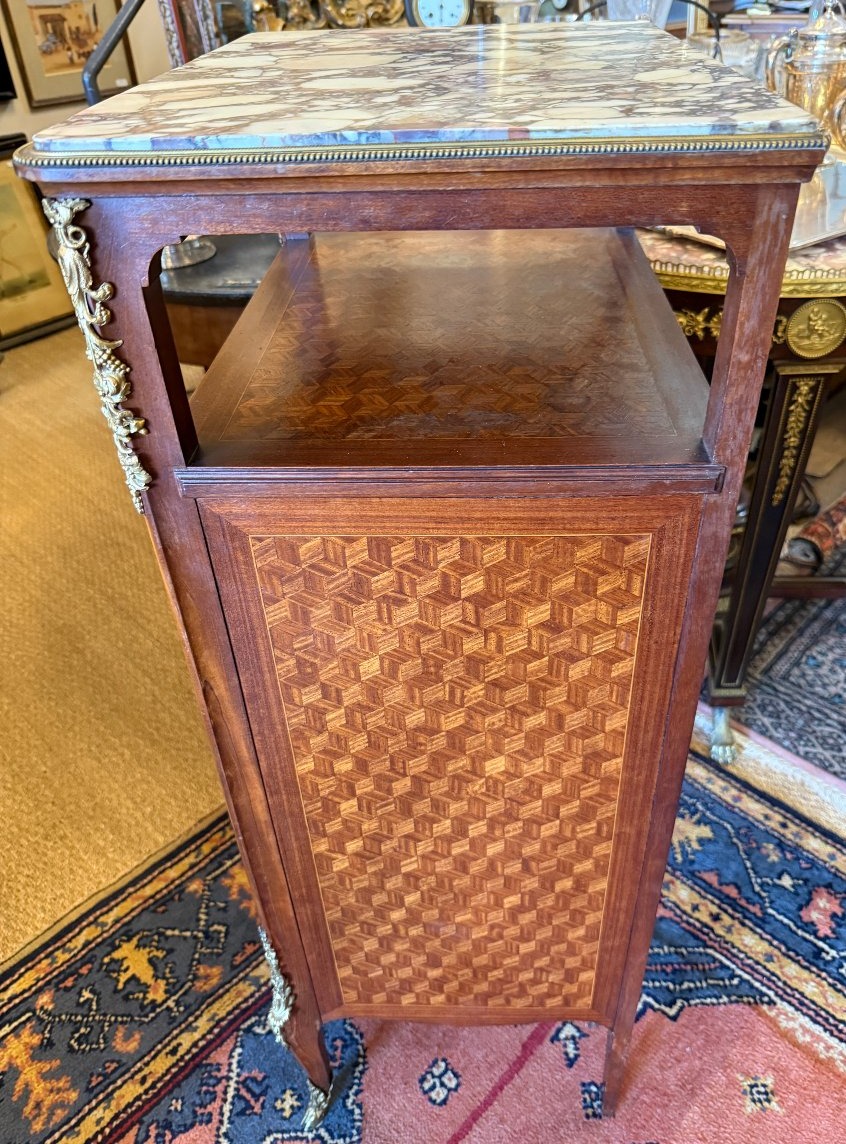 Petit meuble étagère à rideau acajou marqueterie de cube époque Napoléon III fin XIXème-photo-1
