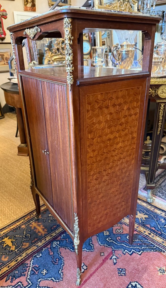 Petit meuble étagère à rideau acajou marqueterie de cube époque Napoléon III fin XIXème-photo-2