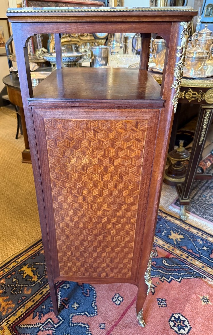 Petit meuble étagère à rideau acajou marqueterie de cube époque Napoléon III fin XIXème-photo-3
