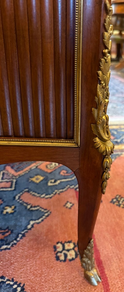 Petit meuble étagère à rideau acajou marqueterie de cube époque Napoléon III fin XIXème-photo-5