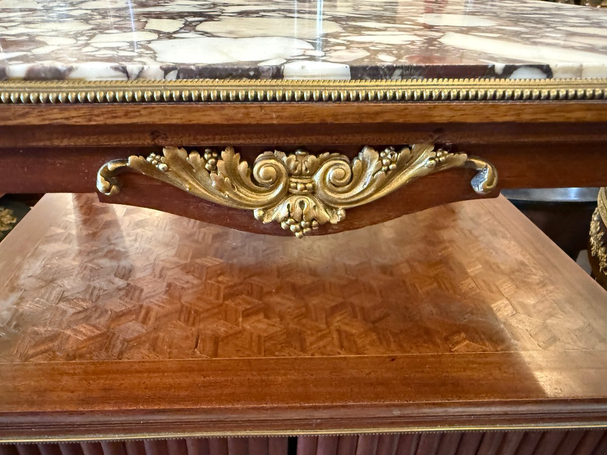 Petit meuble étagère à rideau acajou marqueterie de cube époque Napoléon III fin XIXème-photo-6