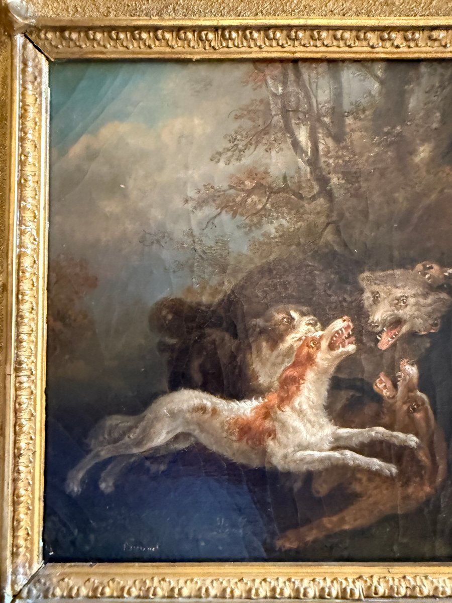 Tableau chasse  hallali chiens attaquant un loup par le peintre normand A Bonnel fin XVIIIème-photo-3