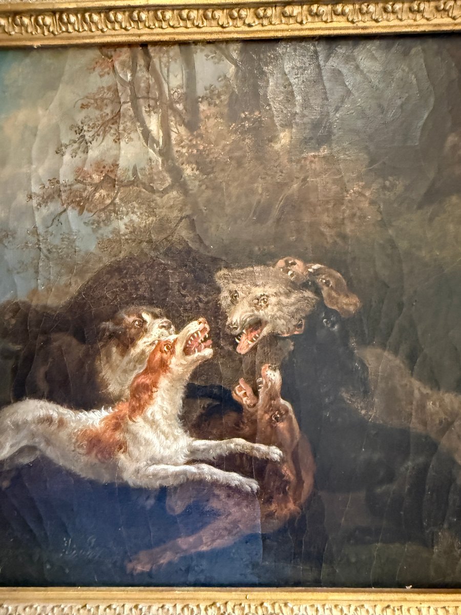 Tableau chasse  hallali chiens attaquant un loup par le peintre normand A Bonnel fin XVIIIème-photo-4