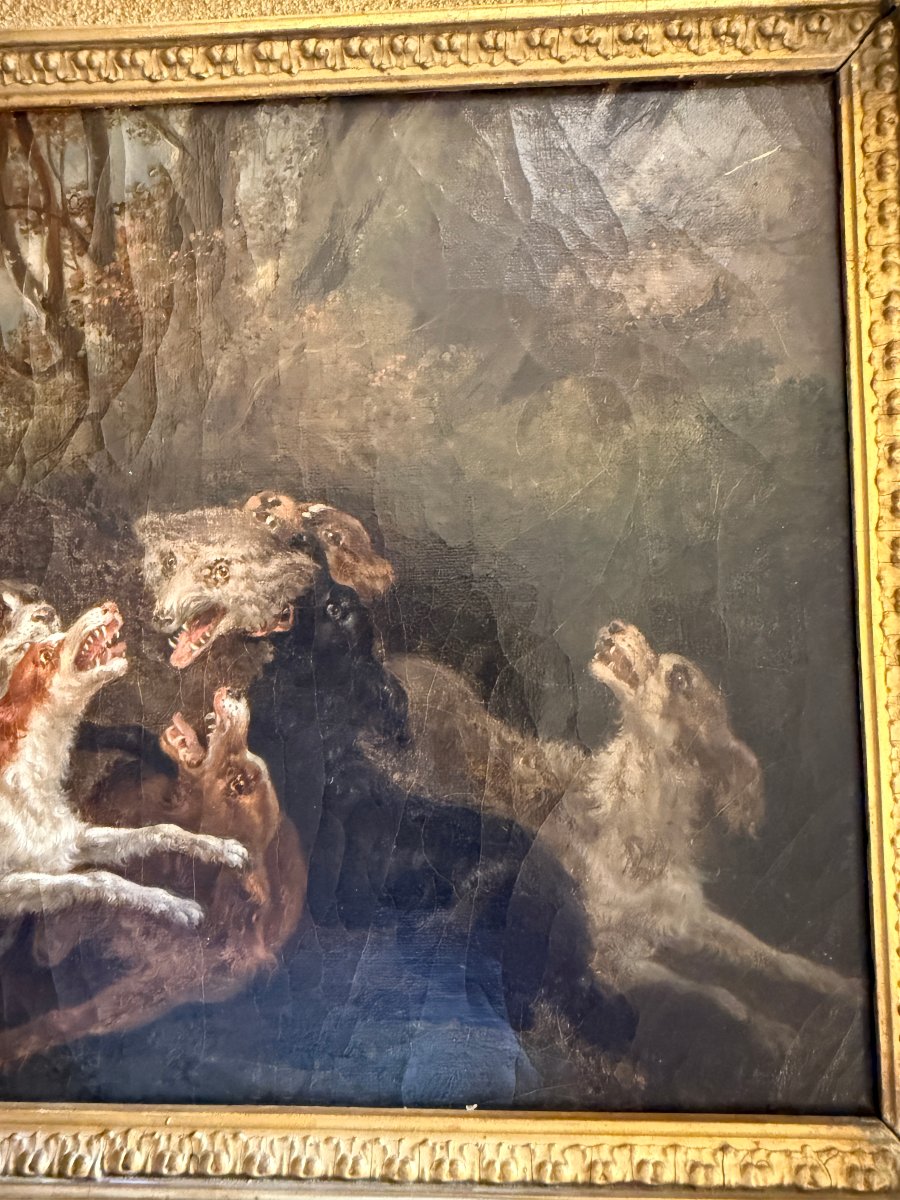 Tableau chasse  hallali chiens attaquant un loup par le peintre normand A Bonnel fin XVIIIème-photo-1