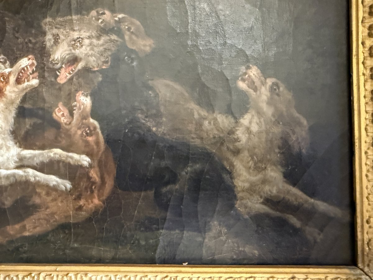 Tableau chasse  hallali chiens attaquant un loup par le peintre normand A Bonnel fin XVIIIème-photo-4