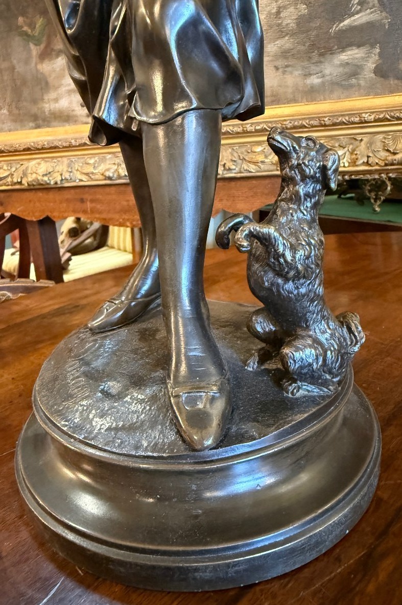 Bronze Sculpture Of A Young Girl Making A Dog Pose, By Marc Douay, Late Foundry Martin-photo-4