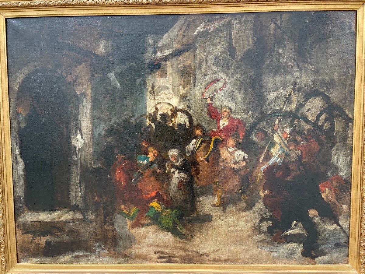 Très grand tableau style troubadour carnaval de rue 140 X 110 cm époque XIXème-photo-2