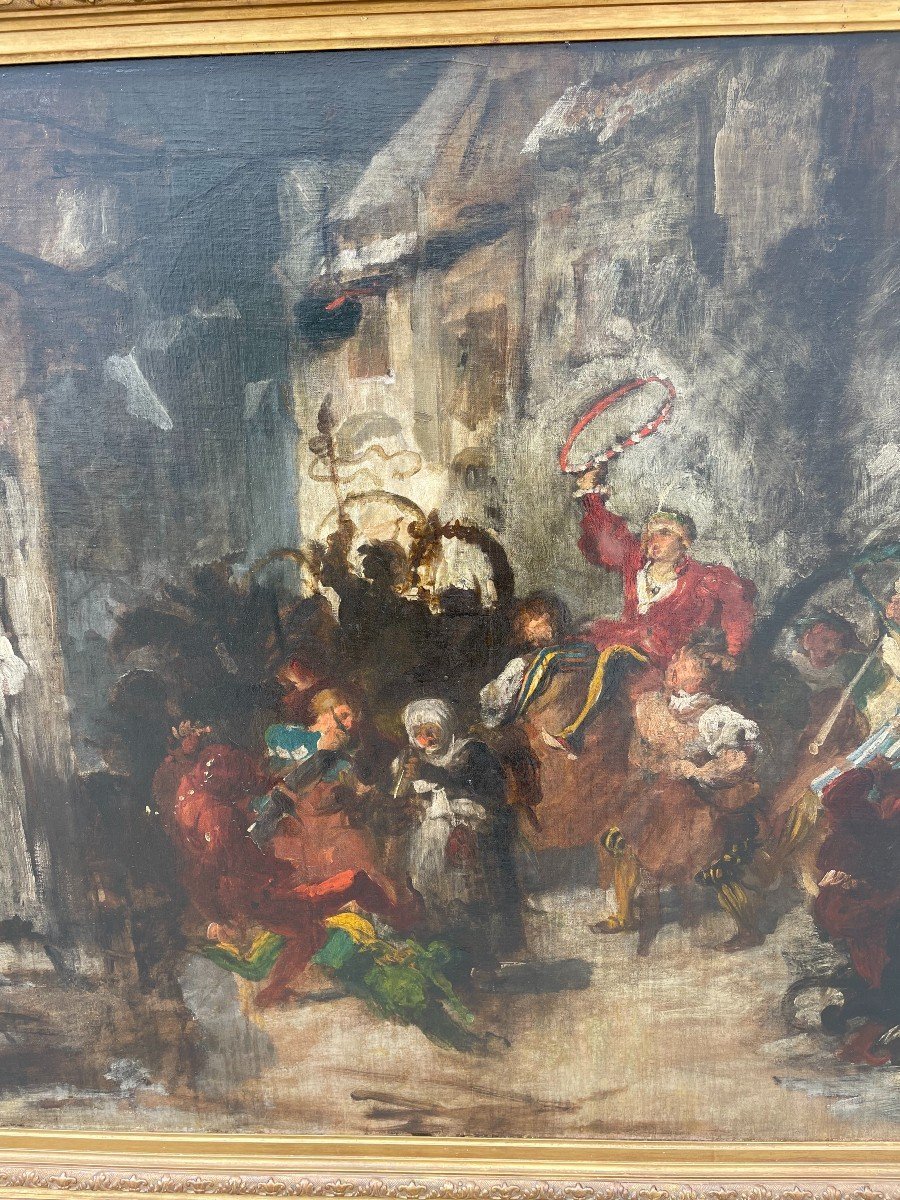 Très grand tableau style troubadour carnaval de rue 140 X 110 cm époque XIXème-photo-4