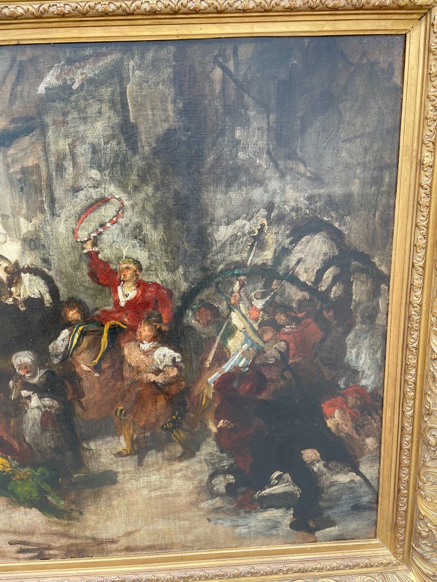 Très grand tableau style troubadour carnaval de rue 140 X 110 cm époque XIXème-photo-1