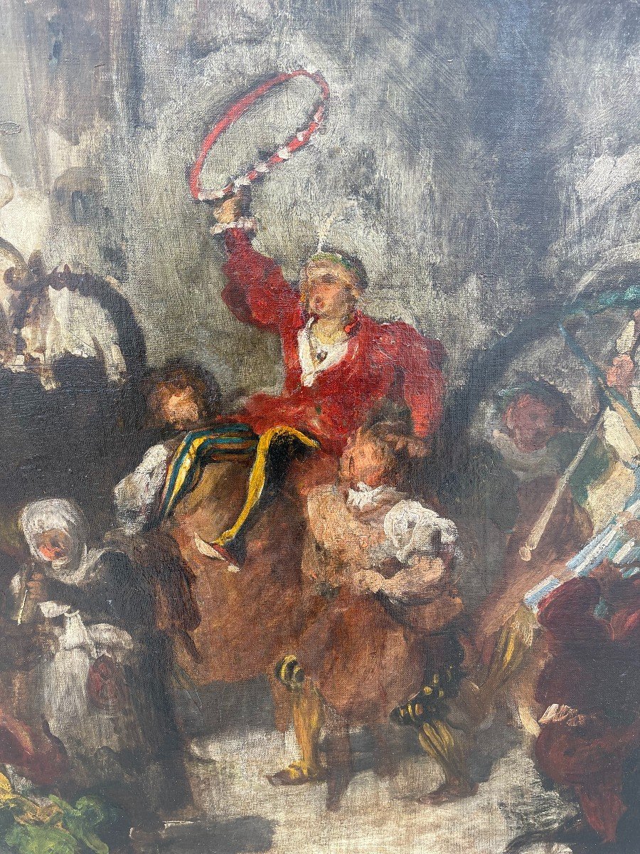 Très grand tableau style troubadour carnaval de rue 140 X 110 cm époque XIXème-photo-2